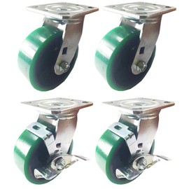4 Heavy Duty Caster Set Polyurethane on Cast Iron Wheels No Mark Green (5" : 2 Swivel + 2 Swivel w/Brake) for Furniture, Workbench, Carts, Toolbox