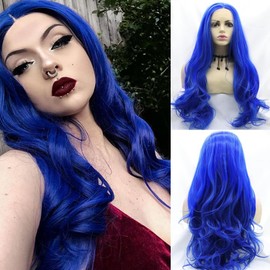 Angle Lucky Blue lace Front Wig Long Wavy Dark Blue Middle Part Wig Pre Plucked Synthetic Replacement Hair Heat Resistant Fiber Daily Makeup Wigs for Women 24 Inch