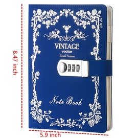 JunShop Lock Journal Diary Digital Password Notebook Leather Binder Diary with Combination Lock Print Bronzing (Blue)