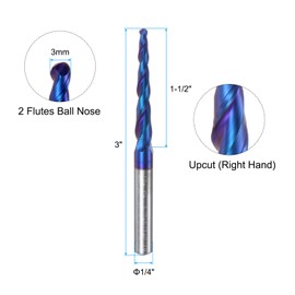 sourcing map Tapered Ball Nose End Mill CNC Router Bit, 1.5mm Radius 1/4" Shank Solid Carbide Nano Coated Upcut Spiral 2 Flutes Cutter Milling Tool, 3mm Dia 3" Total Length