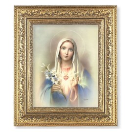 Immaculate Heart of Mary Picture, 12-1/2"x14-1/2, Antique Gold Leaf Carvings Ornate Frame, Italian Print Under Glass