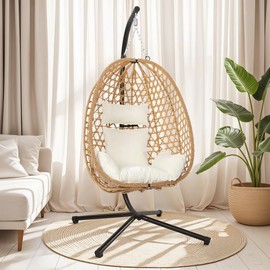 RIWENGO Boho Style Patio Swings with Stand- 350lbs Weight Capacity, Single Hanging Egg Chair with Cushions, Hammock Swing Chair  for Bedroom, Balcony, Garden - Colour: Yellow-Beige