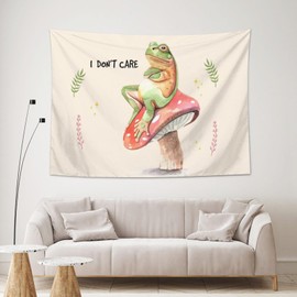 Smacget Frog Mushroom Tapestry for Bedroom Funny Retro Watercolor Plant Small Aesthetic Art Wall Hanging Cute Room Decor I Don't care Tapestry Decor for Living Room Teen Dorm Decor 60" x 40"
