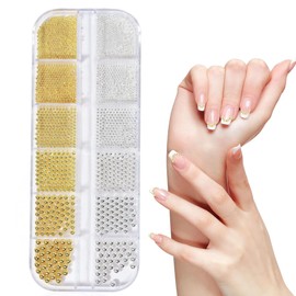 UZEXYO 1 Boxe Nail Art Pearls Flatback,Decoration DIY Manicure Accessory,Gold Caviar Beads 3D Steel Metal Charms Round Pearl Rhinestone Luxurious Design