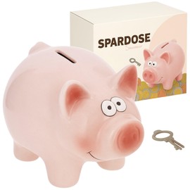 MIJOMA Pig Money Box with Lock - Cute Ceramic Dolomite Money Box - Light Pink - with Key, 16 x 11.5 x 11 cm - Money Gift Packaging for Children and Adults