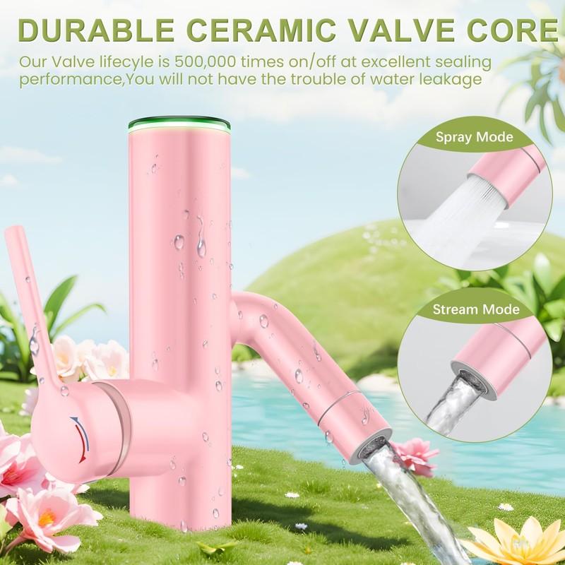 Bathroom Sink Faucet, Cactus-Shaped, Single Hole with Water-Powered LED Temperature