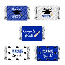 60 New Graduation Cap Party Class of 2025 Miniatures Candy Bar Wrapper, Mini Candy Chocolate Bar Stickers, Labels, Candy Not Included, Color Blue. Made in USA