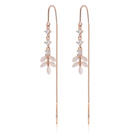 Meissa Sterling Silver Threader Earrings for Women Leaf Chain Earrings Rose Gold Plated Dangle Earrings Teen Girls Threader Earrings, Rose Glod