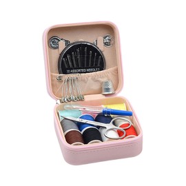 Incauca Travel Sewing Kit for Adults Beginners, Portable Mini Sew Kit Leather Box with Thimbles, Needle and Thread, Basic Hand Home Starter Sewing Supplies Accessories for Emergency Mending, Pink