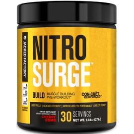 Jacked Factory Nitrosurge Build Pre Workout with Creatine for Muscle Building - Con Cret Creatine Powder & elevATP for Intense Energy, Powerful Pump, & Endless Endurance - 30 Servings, Cherry Bomb