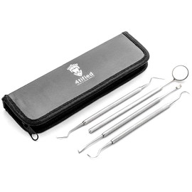 4tified Dental Tools Hygiene Kit 4 PCS French Stainless Steel Professional Teeth Cleaning Home Use Plaque Calculus Removal Tartar Scraper Scaler Fogless Mirror Dental Pick Vegan Leather case