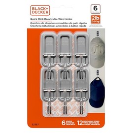 BLACK+DECKER Wire Toggle Wall Hooks, Quick Stick Adhesive, Removeable, 6 Wall Hooks, 12 Adhesive Strips, Hang Decorations Without Damaging Walls, up to 2 lbs., Chrome