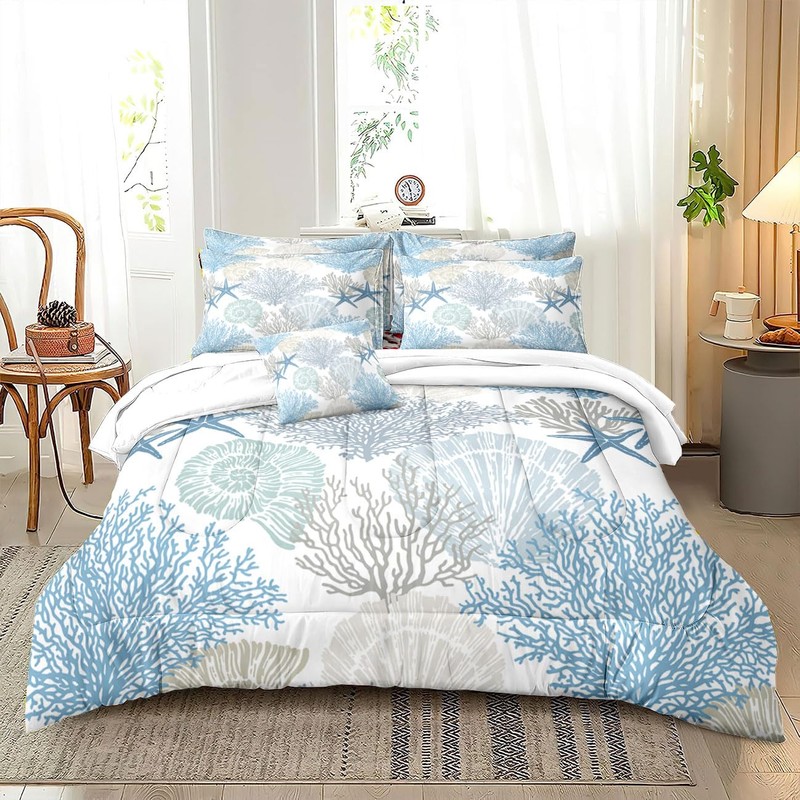Yilinata Coastal Comforter Set Summer Beach Blue Shells Printed Pattern