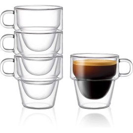U Chef Juego de 4 Vasos de vidrio para Espresso con aislamiento de doble pared de 5 Onzas, Taza de Vidrio para Café con asa, Vasos de Vidrio Transparente Térmicos, aptos para máquina de Espresso y Cafetera.