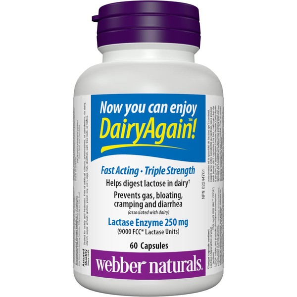 Webber Naturals Dairy Again Lactase Enzyme 250 mg, 60 Capsules,