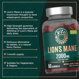 Lions Mane Gummies High Strength 2000mg | from Fruit Body | Vegan Mushroom Extract | 60 Natural Berry Flavour Gummies | by Wiseshrooms