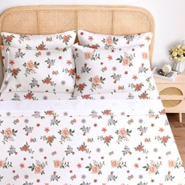 BYSURE Queen Sheet Set 6 Pieces (Orange Roses Floral), Cottage Core Botanical Patterned Sheets, Victorian Flower Microfiber Bedding Decor