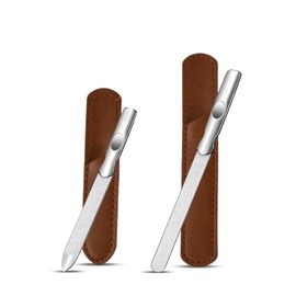 vesaneae 2 Pcs Professional Stainless Steel Nail Files, Double Sided Nail Files with Anti-slip Handle and Leather Case, Fine/Coarse Nail File for Men Women Home Salon Travel