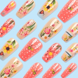 MIXFOSAHN Flower Press on Nails Medium Square Fake Nails Pink False Nails with Colorful Floral Designs Dot Glossy Stick on Nails Full Cover Glue on Nails Spring Acrylic Nails for Women Girls 24 Pcs