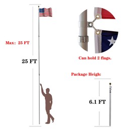 YDisplay 25ft Telescoping Flag Pole Kit with 2 Flags,Golden Top Ball, Clips- Telescopic Flag Heavy Duty 16 Guard Alumium for Residential President's Day Labor Day