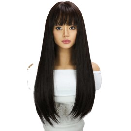 Smilco Hot Selling SMILCO Fashion Wig with Full Bangs Tea Black Long Straight Hair Wig High Temperature Silk Headpiece Cover Wig SM7234Length: 22 Inch, color: tea black color, Stretched Length: 22"