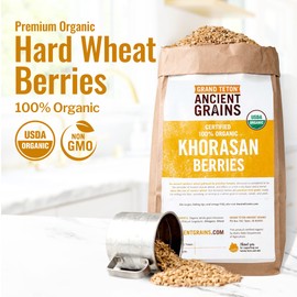 Grand Teton - Ancient Grains Khorasan Wheat Berries, 100% Organic Berries, Premium Food-Grade Khorasan Grain, For Milling, Sprouting, Baking, Salads, Pilafs, & Soups, 5 lbs