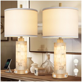 Natural Alabaster And Wood Table Lamp Set of 2 With Night Light Nightstand Lamps With USB Ports White Linen Fabric Shade Bedside Lamp Decor For Living Room Bedroom Home Office Hotel Bar House
