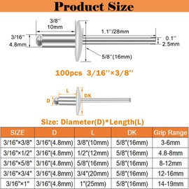 Sunxeke 100pcs Aluminum Large Flange Blind Rivets, 3/16" x 3/8", Flange Diameter 5/8" (16 mm), Pop Rivets Assortment Kit Blind Rivet by Bolt Dropper, Grip Range(3-6mm)