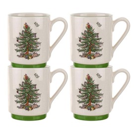 Spode Christmas Tree Stacking Mugs Set of 4 (12oz)- White and Green