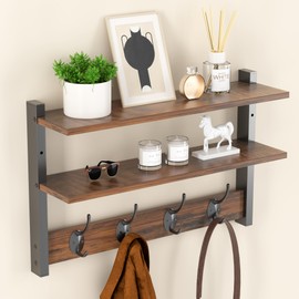 Orapoke Two-Tier Wall Shelf with Hooks, 17" Coat Rack Wall Mount with Shelf, Key Hooks for Wall with Heavy Duty Double Hooks, Coat Hook Wall Mounted for Bedroom, Living Room, Rustic Brown