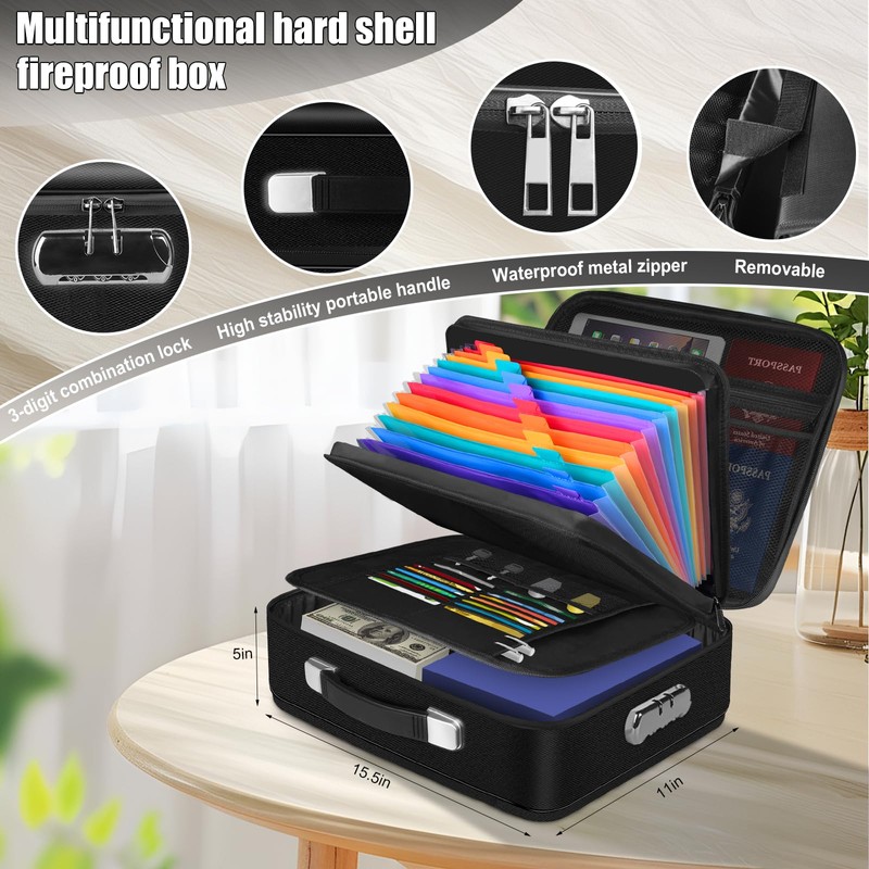 Fireproof Document Box, Hard Shell Fireproof Box, Document Organizer with