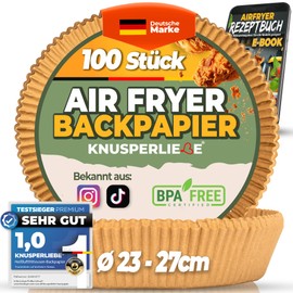 KNUSPERLIEBE® Baking Paper for Hot Air Fryer, XXL 6.2-8 L, 23-27 cm, Pack of 100, Round Parchment Paper, Oil-Resistant Airfryer Liners, Paper Accessories for Oven and Air Fryers