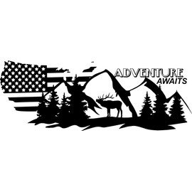 Camper RV Decal, Camping Sticker, American Flag, USA Travel Logo Adventure Awaits, Deer Mountains decal (30"x11")
