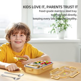 SAYAPE Stainless Steel Bento Lunch Box for Kids, 26.4 oz Leak-Proof 3-Compartment Metal Bento Box, BPA-Free, Cute Cartoon Meal Prep Snack Container with Utensils for School, Office, Travel - Yellow