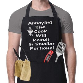 YuanDe Funny BBQ Apron for Men, Annoying The Cook Will Result In Cotton Black Barbecue Aprons with 3 Large Pockets for Outdoor Grilling, Father’s Birthday/Christmas Day Gift