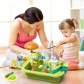 Kitchen Sink Toy with Electric Faucet, 1 Set Play Sink with Running Water, Play Kitchen Toy Accessories, Pool Floating Fishing Toys for Water Play:_Multicolor_one-size