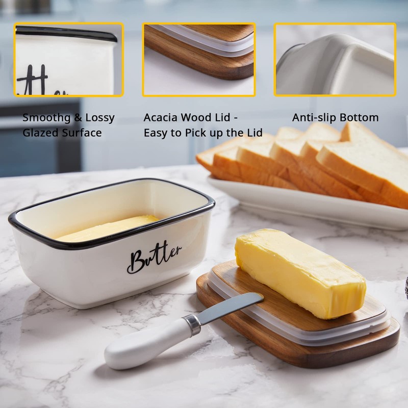 Ceramic Butter Dish with Lid and Knife for Countertop, Airtight