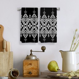Qeheb Boho Native Kitchen Towels, Black and White Boho Ethnic Tribal Traditional Kitchen Towel Decorative Set, Native American Decor Hand Dish Tea Towels for Bathroom 16X24In