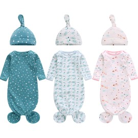 Newborn Knotted Nightgown Long Sleeve with Matching Hat Set 3 Pack, Cotton Baby Sleeper Gowns Sleeping Bags Home Outfits Set with Mitten Cuffs for Boys Girls (Unicorn + Cloud + Snow, 6-12 Months)
