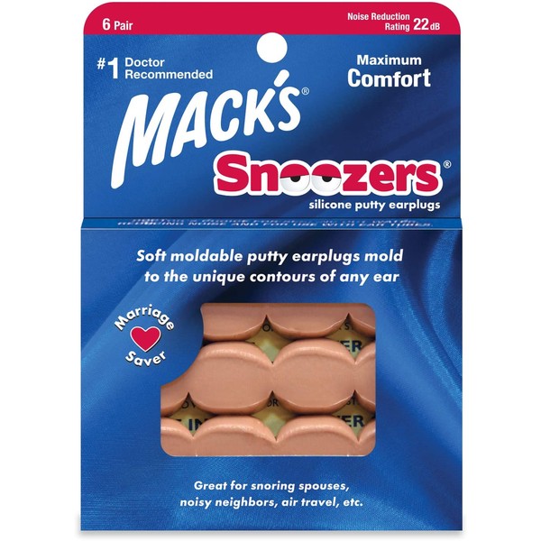 Mack's Snoozers Silicone Putty Earplugs - 6 Pair – Comfortable, Moldable Silicone Ear Plugs for Sleeping, Snoring, Loud Noise & Traveling