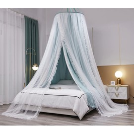 HUOQOU Double Layer Princess Round Dome Canopy Bed Curtain for Girls Children Dreamy Mosquito Net Cute Bedroom Decoration Castle Play Tent Reading Corner(Green/White)