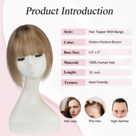 EMMOR 10 Inch Real Human Hair Topper for Women - Upgrade Swiss Lace Base with 3 Non-Slip Clips, 4.5" x 3" Clip in Bangs for Thinning Hair & Natural Hair Loss Coverage(Ombre Medium Brown)