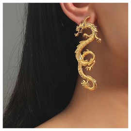 Yheakne Vintage Dragon Drop Earrings Gold Dragon Dangle Earrings Exaggerated Dragon Earrings Ancient Dragon Stud Earrings Jewellery for Women and Girls （Gold）
