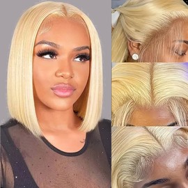 12 Inch 613 Blonde Bob Wig Human Hair 180 Density Straight Lace Front Wigs Human Hair Pre Plucked 613 Lace Front Wig Human Hair Short Blonde Wig 13x4 HD Lace Frontal Short Bob Wigs for Black Women
