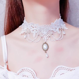 Yienate Vintage Lace Choker Necklace White Gothic Lace Pattern Necklace Punk Tassel Pearl Pendant Choker Princess Bridal Lace Lolita Tassel Lace Necklace Jewellery for Women and Girls, Pearl Metal