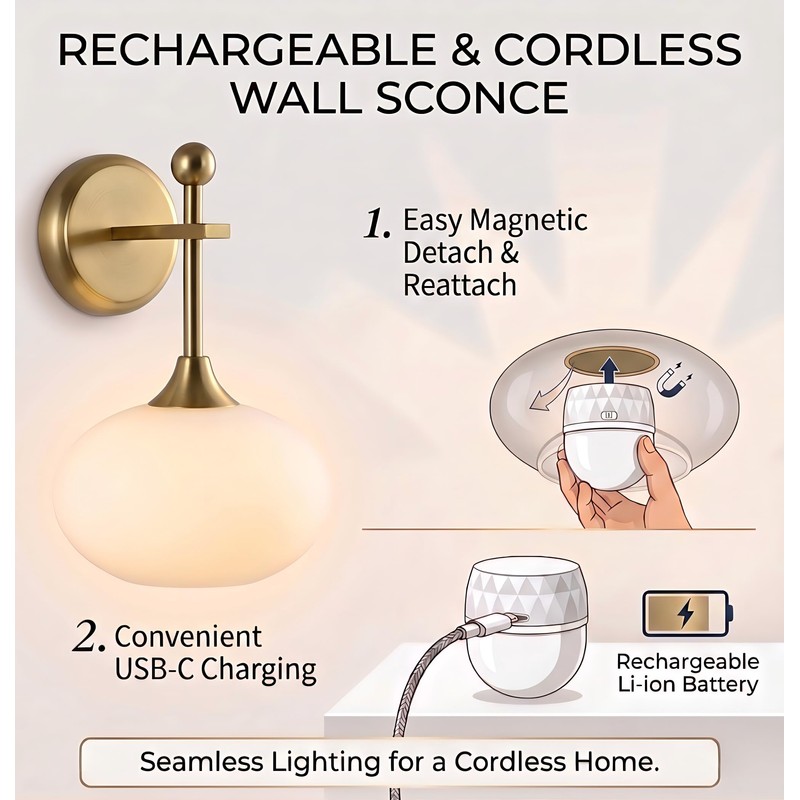Folux Battery-Operated Modern Brass Wall Sconce Set of 2, Wireless