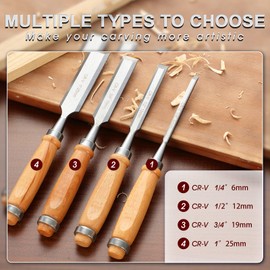 Wood Chisel Tool Sets, Sturdy Chrome Vanadium Steel Chisel with Beech Handles for Carpentry, Woodworking, Carving, Craftsman, Set of 4