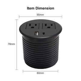 Desk Power Grommet USB C Recessed Power Strip 2 Outlet 2 USB Ports (1 USB-C & 1 USB) Mountable Power Station Flat Plug Extension Cord for Desktop Sofa Table Bedhead Kitchen Island Black