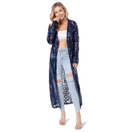 Women's Sequin Cardigan Summer Cover Up Dress Glitter Sparkle Open Front Coat Dresses Duster for Evening Prom L Navy Blue