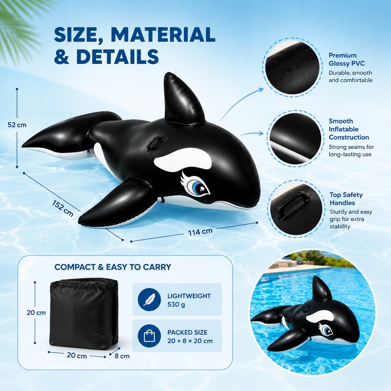 Large Inflatable Whale Ride-On for Pool Fun – Heavy-Duty Handles
